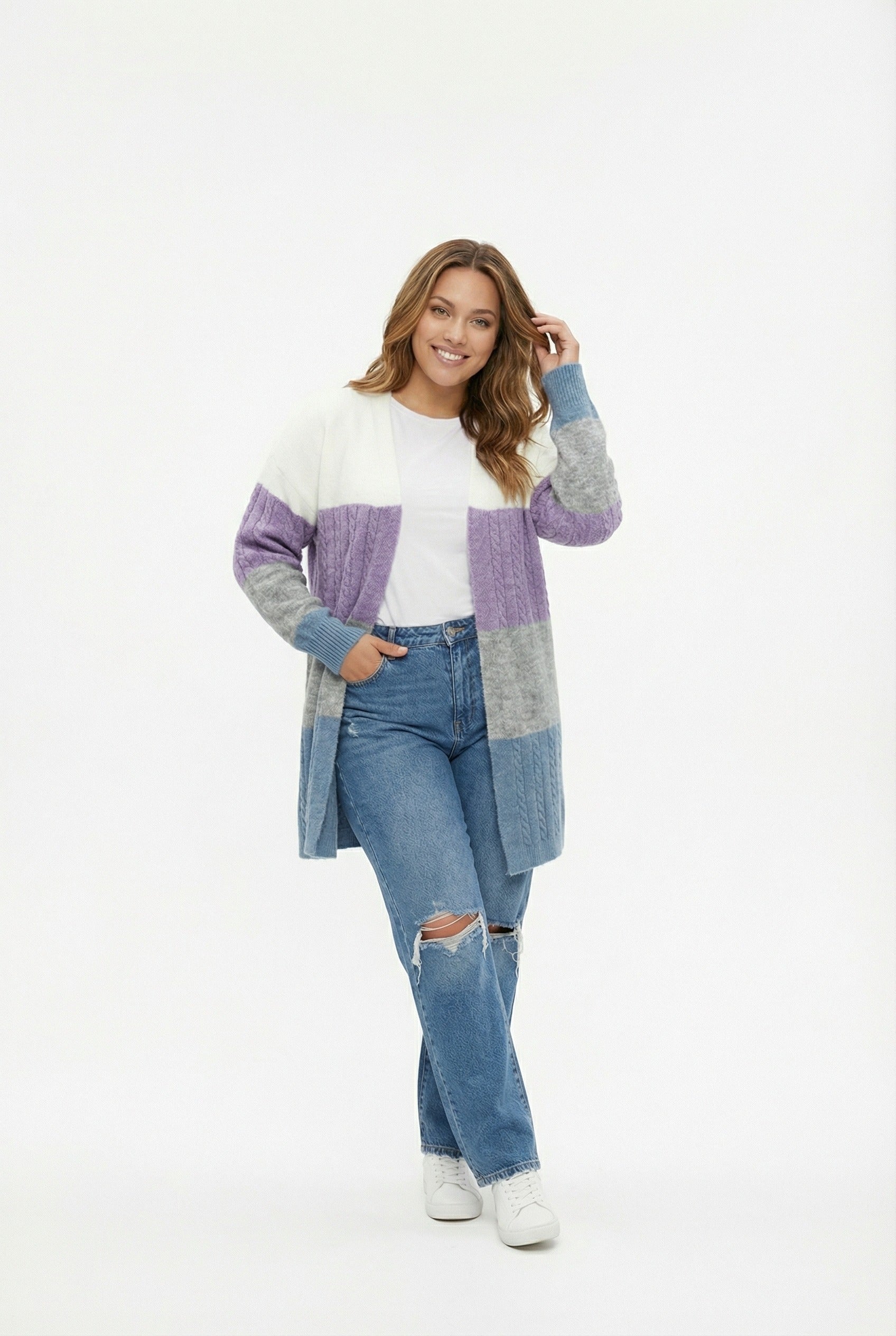 Renk Bloklu Uzun Kollu Triko Hırka - Çok Renkli ve Rahat