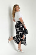 Soyut Desenli Yırtmaç Detaylı Uzun Etek | Siyah Beyaz