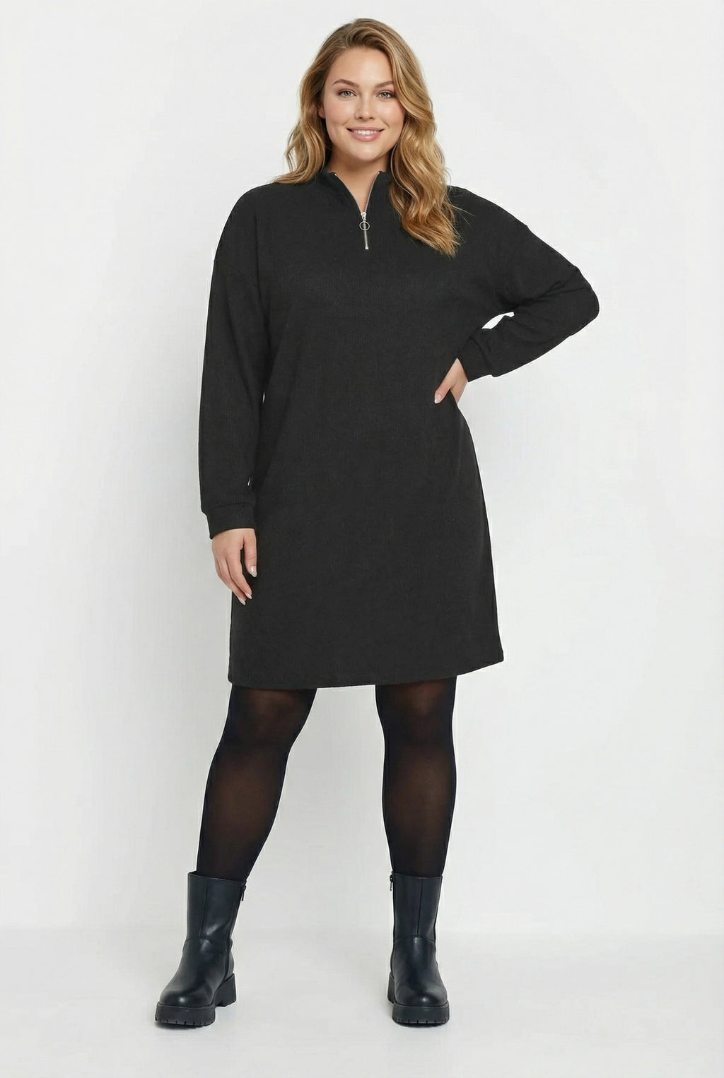 Fitili Kumaş Midi Elbise - Uzun Kollu V Yaka Siyah Elbise