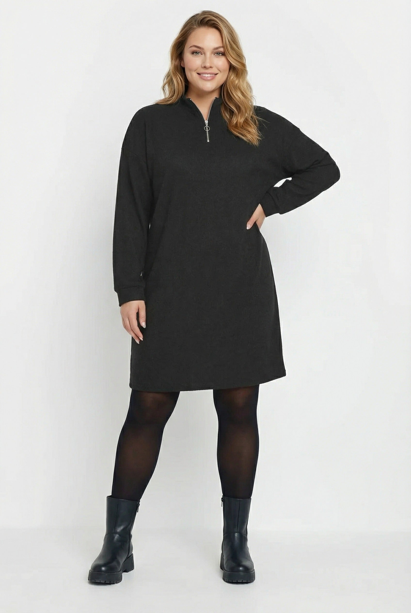 Fitili Kumaş Midi Elbise - Uzun Kollu V Yaka Siyah Elbise