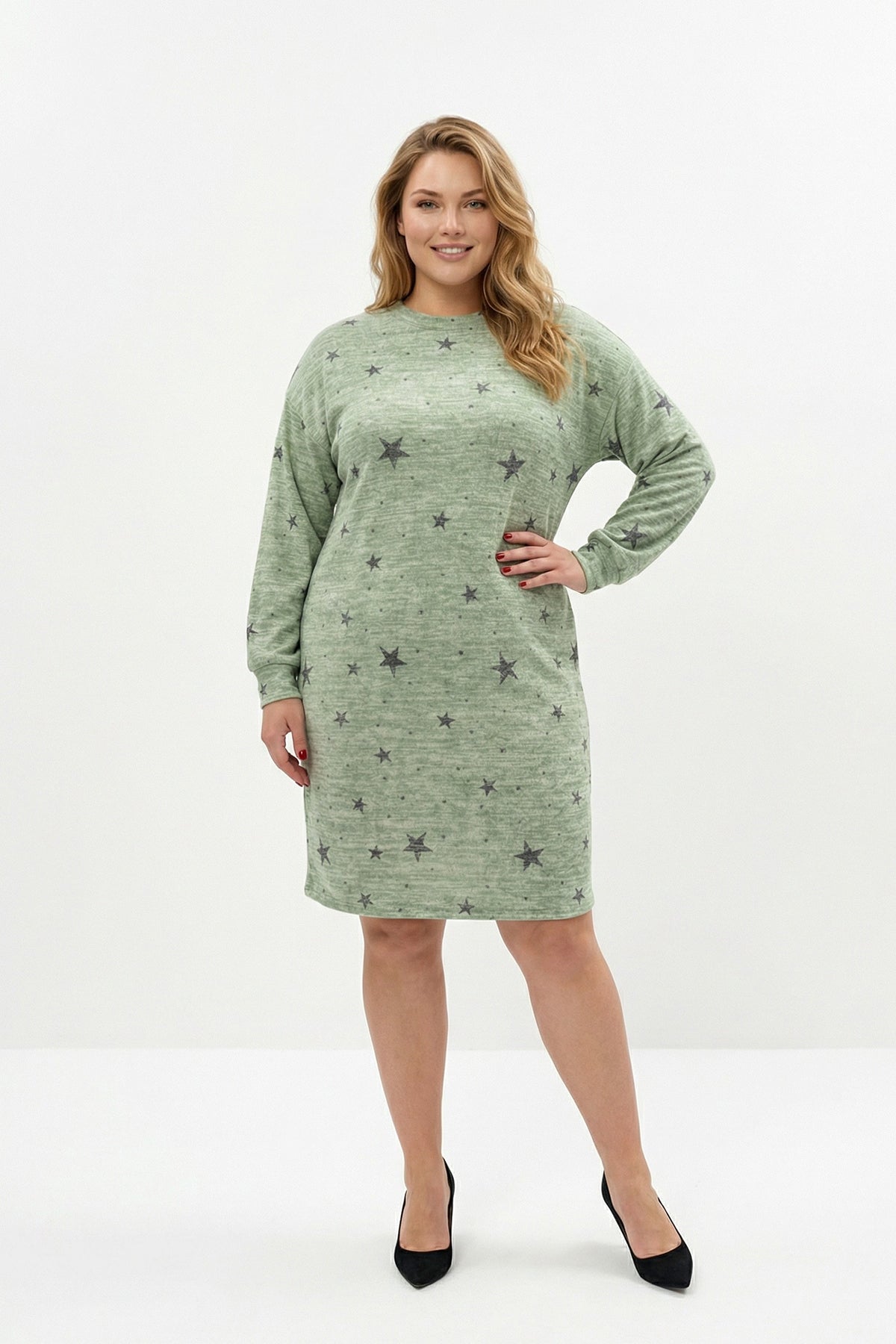 Yıldız Desenli Esnek Yeşil Uzun Kollu Elbise - Şık ve Rahat