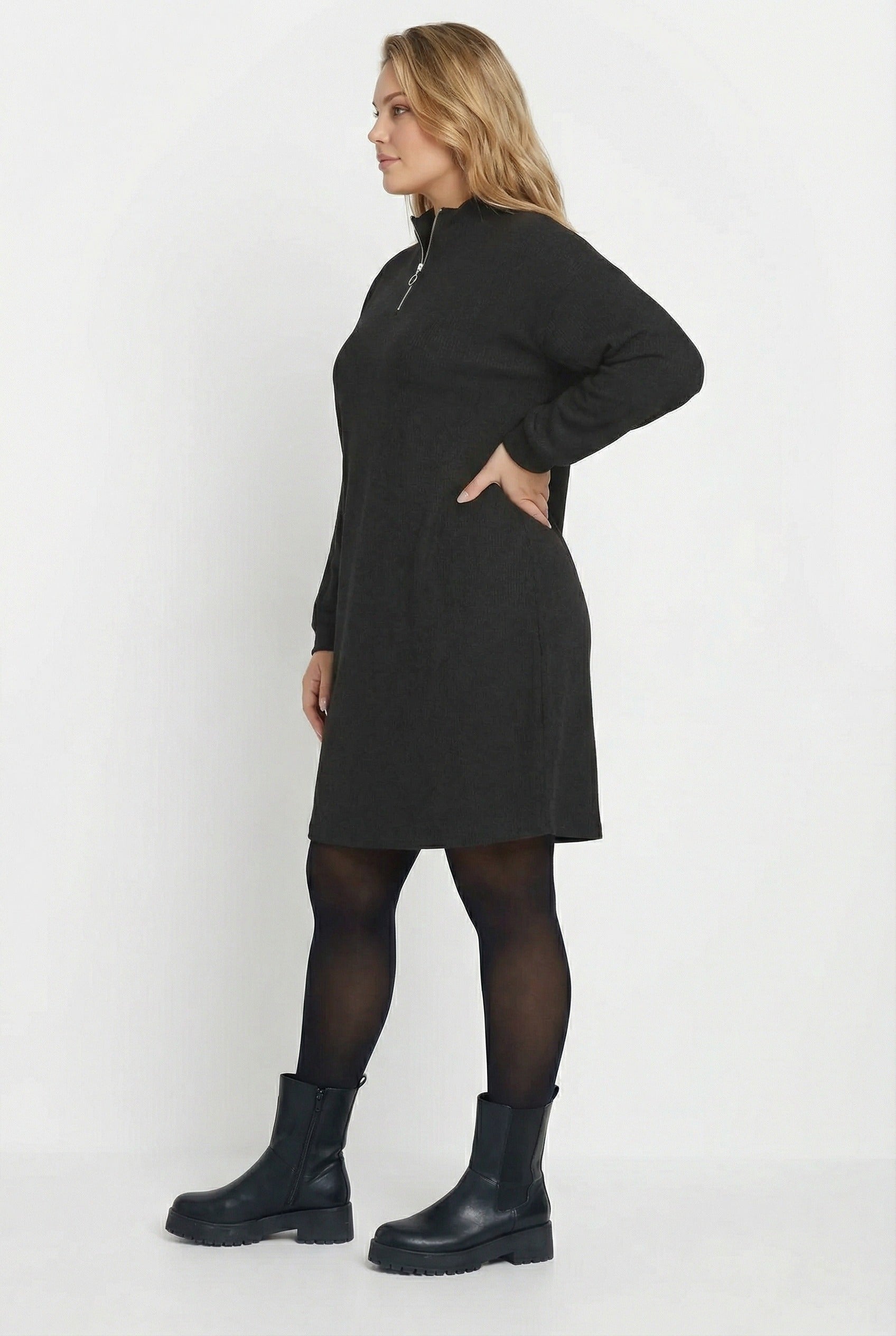 Fitili Kumaş Midi Elbise - Uzun Kollu V Yaka Siyah Elbise