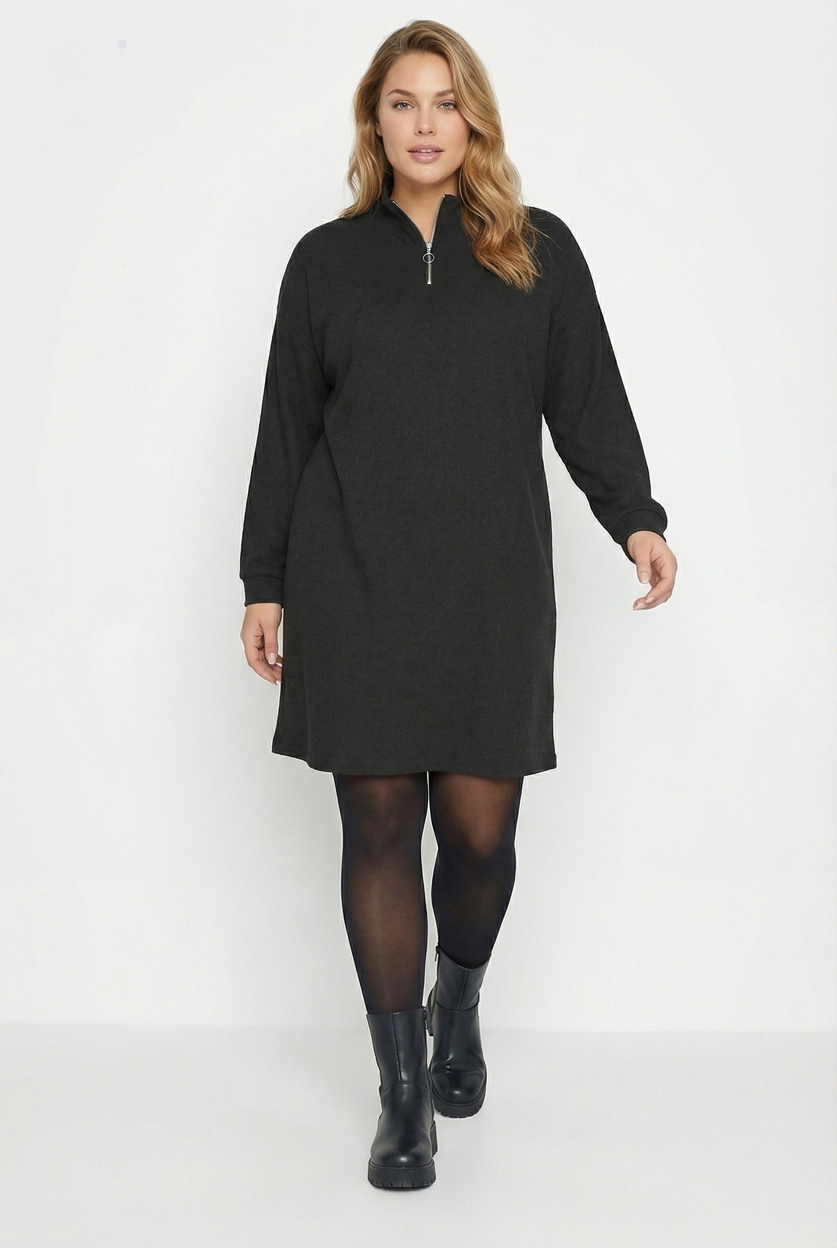 Fitili Kumaş Midi Elbise - Uzun Kollu V Yaka Siyah Elbise