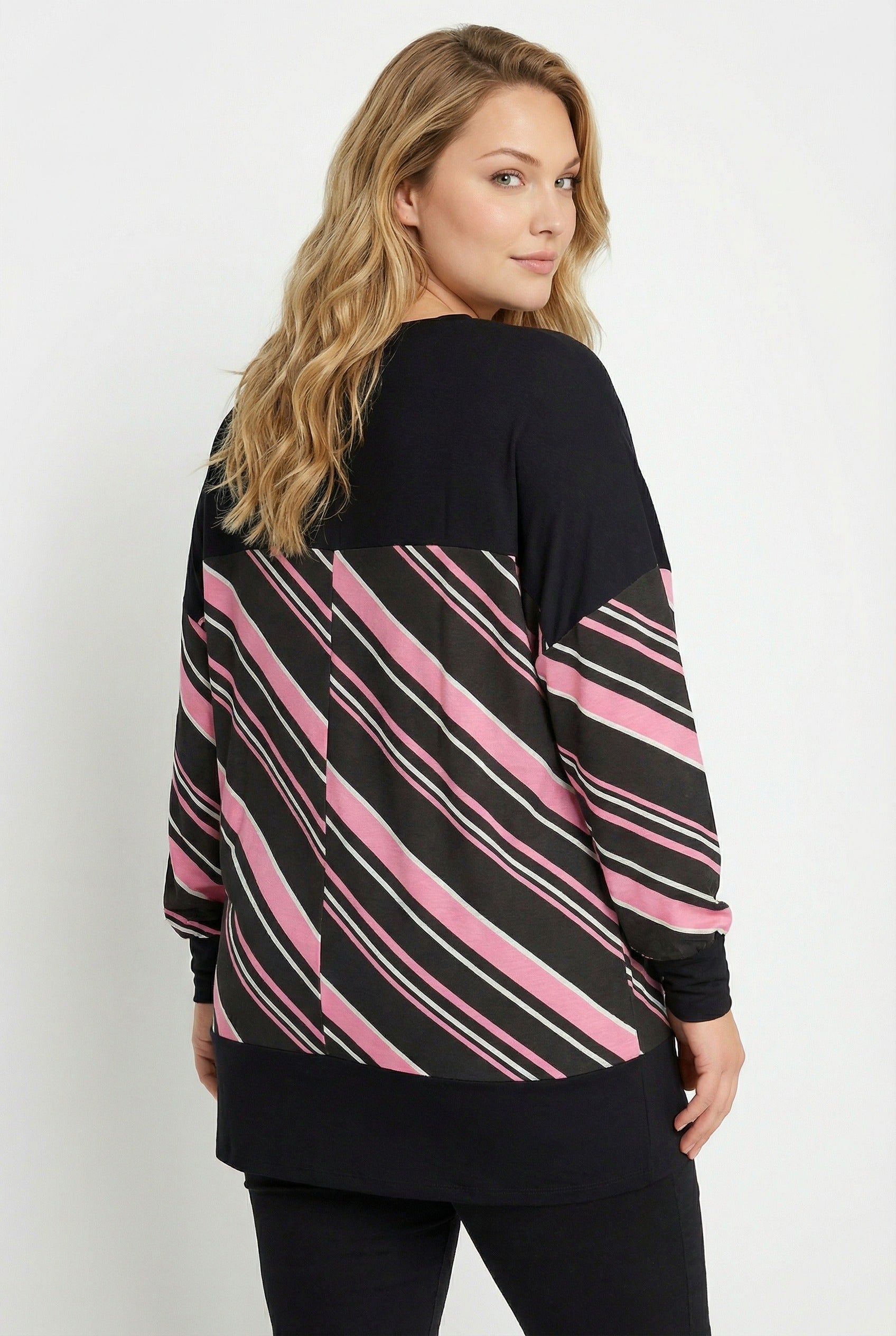 Siyah Çizgili V Yaka Büyük Beden Bluz | Lastikli Kol