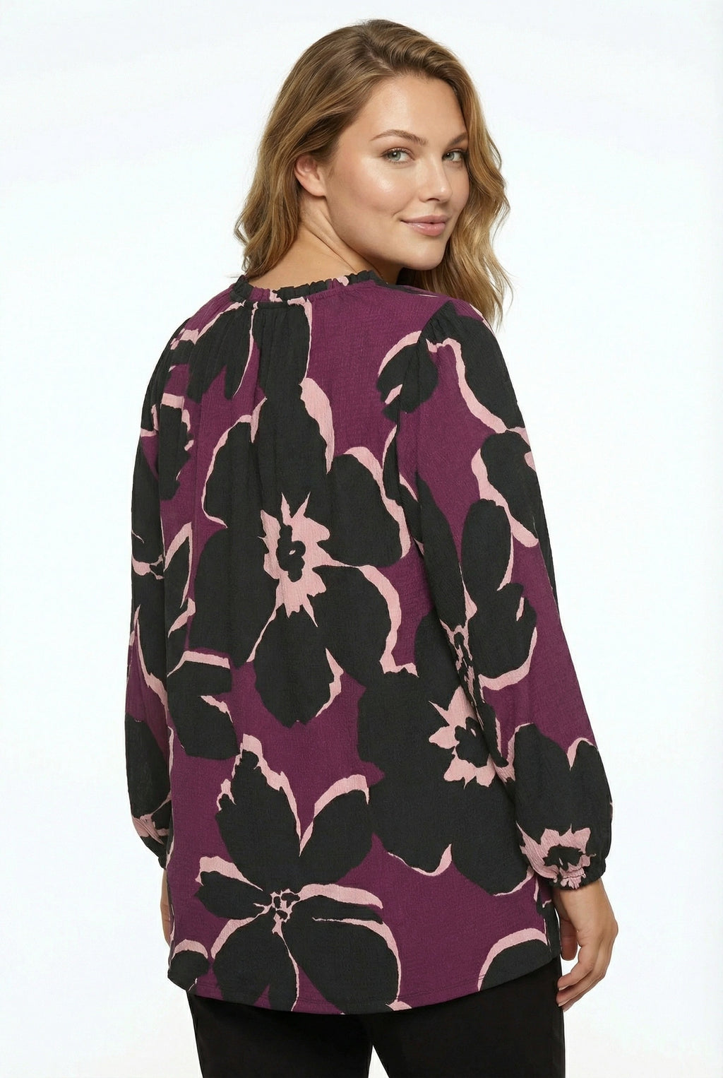 Mürdüm Çiçek Desenli Uzun Kollu Bluz - Rahat ve Şık Tasarım