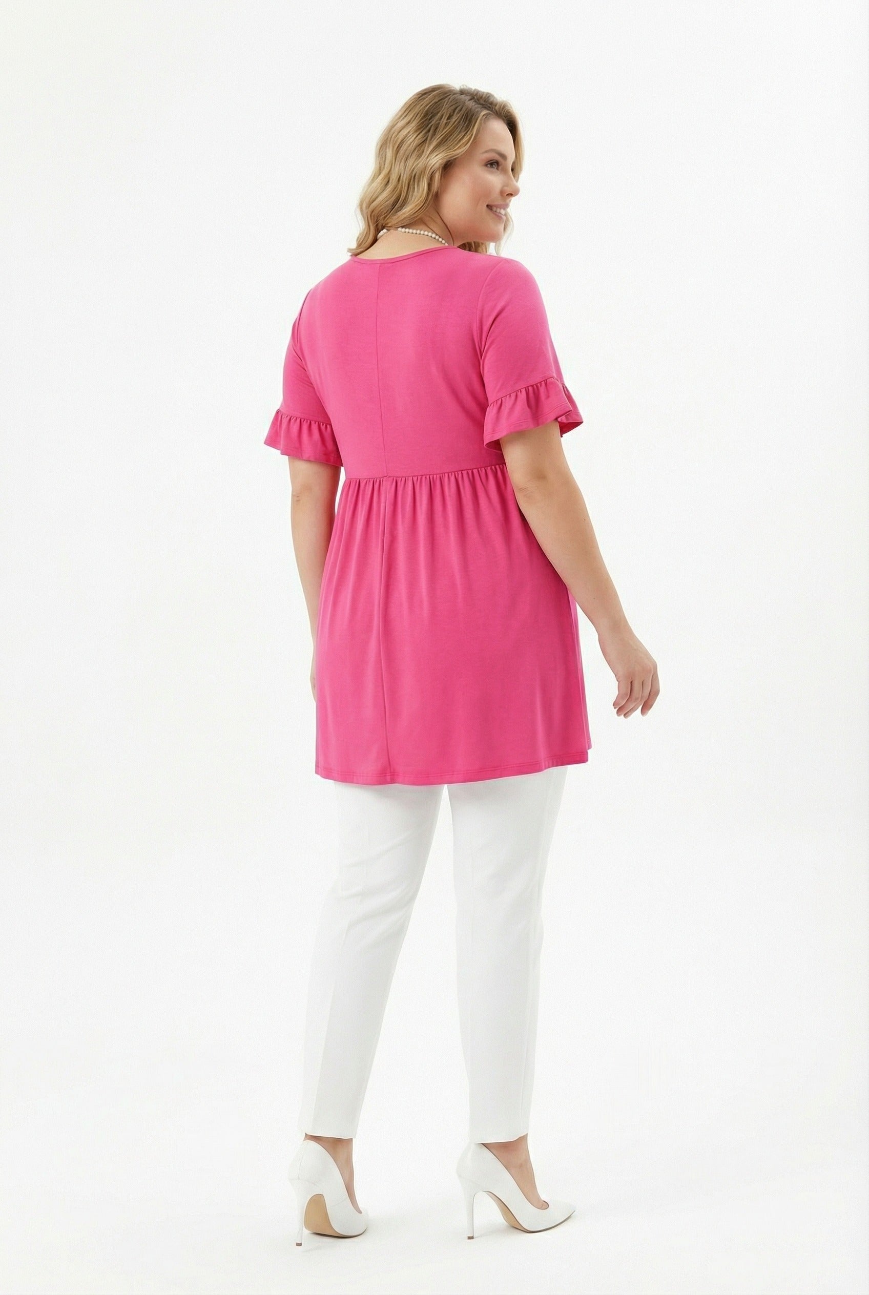 Fusya Kol Detaylı Beli Lastikli Pileli Tunik T-shirt