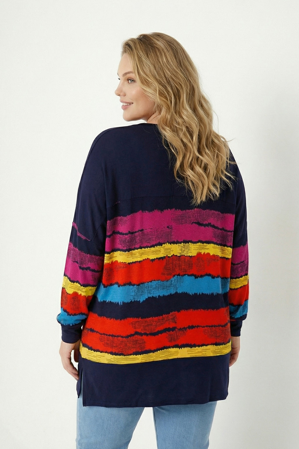 Lacivert Renkli Çizgili Büyük Beden Bluz | V Yaka Tunik