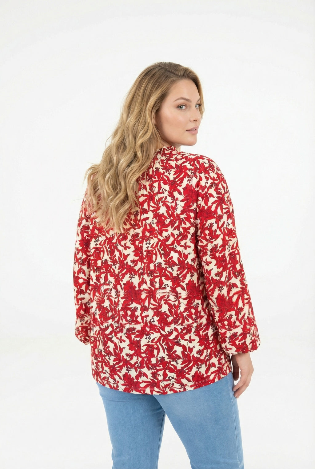 Desenli Uzun Kollu Bordo Bluz - Büzgülü Yaka, Şık ve Rahat