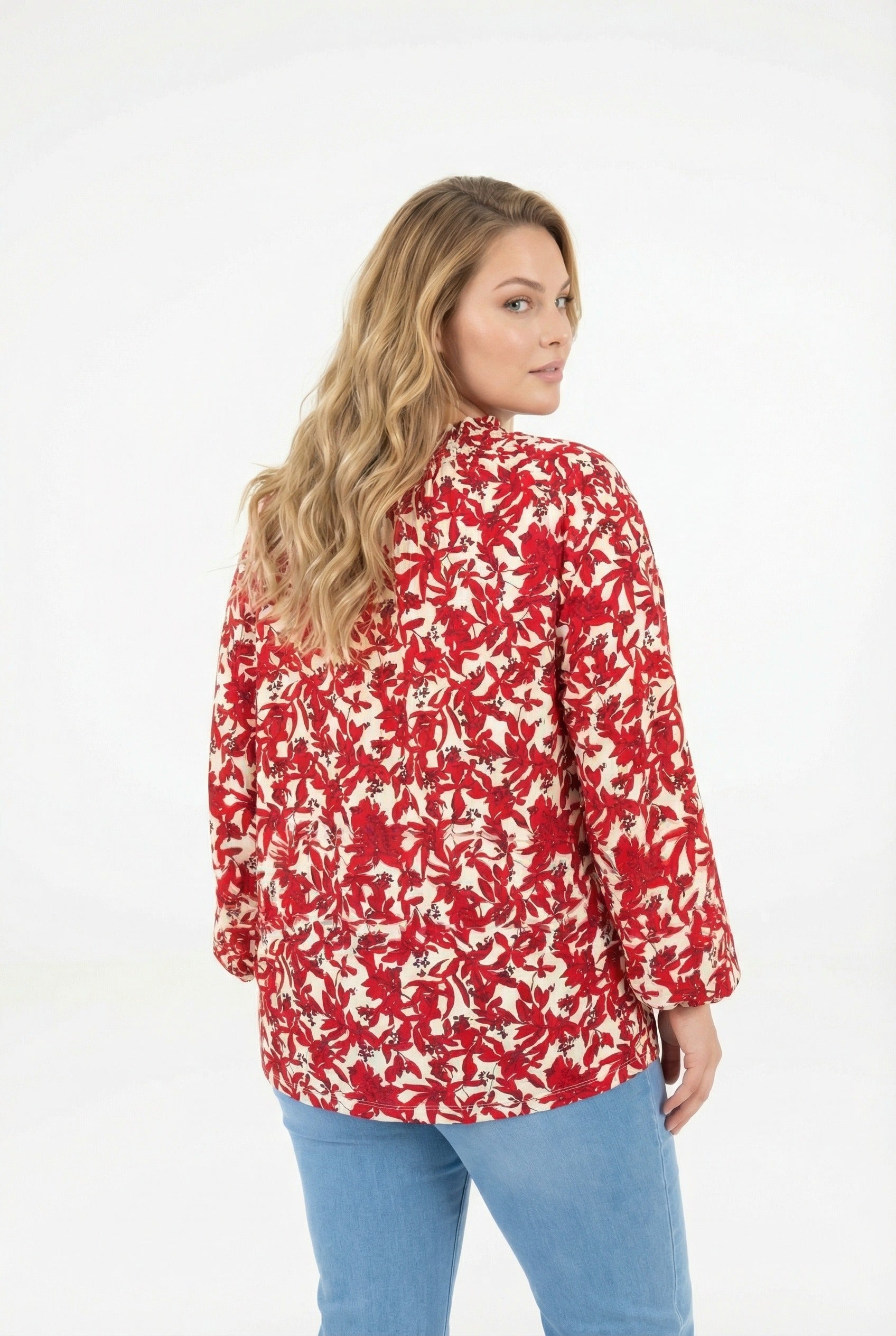Desenli Uzun Kollu Bordo Bluz - Büzgülü Yaka, Şık ve Rahat