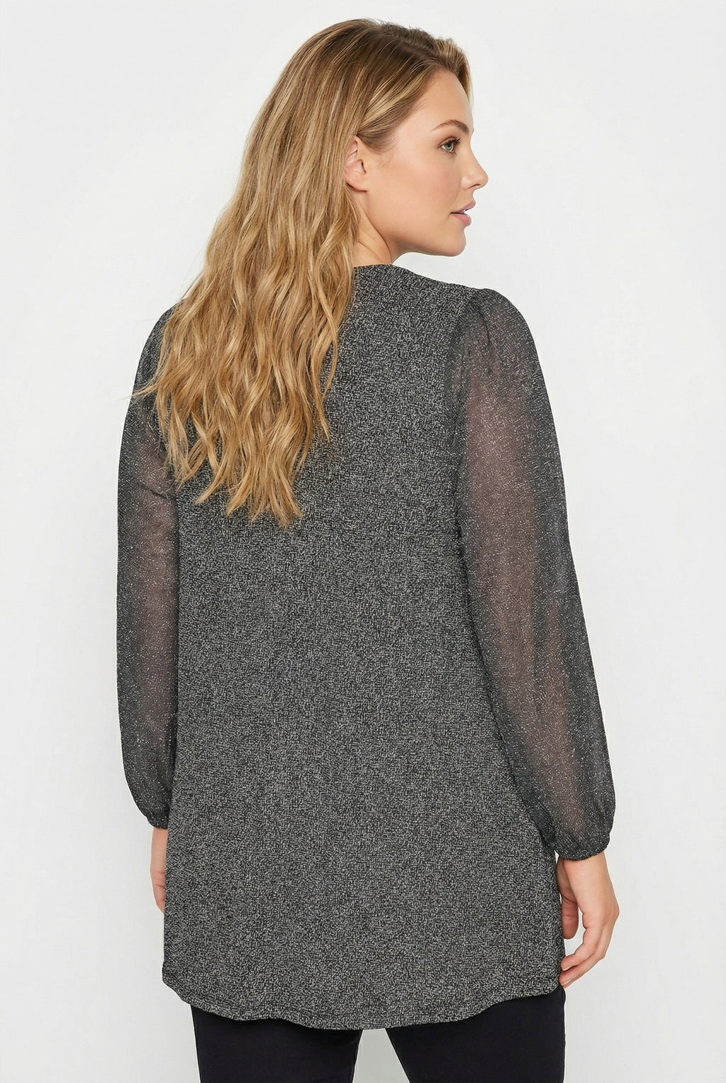V Yaka Uzun Kollu Tül Detaylı Esnek Kumaşlı Bluz - Koyu Gri