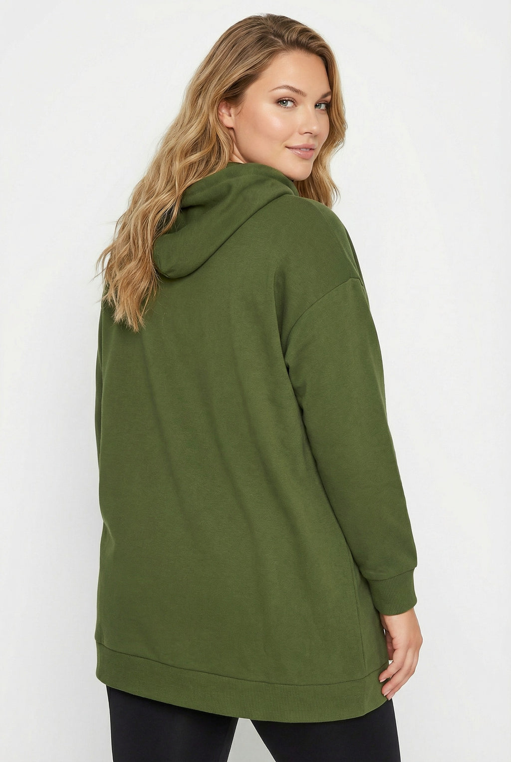 Kapüşonlu Haki Yazı Baskılı Uzun Kollu Sweatshirt