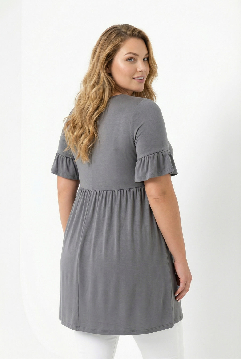 Kol Detaylı Beli Lastikli Pileli Tunik T-shirt Koyu Gri