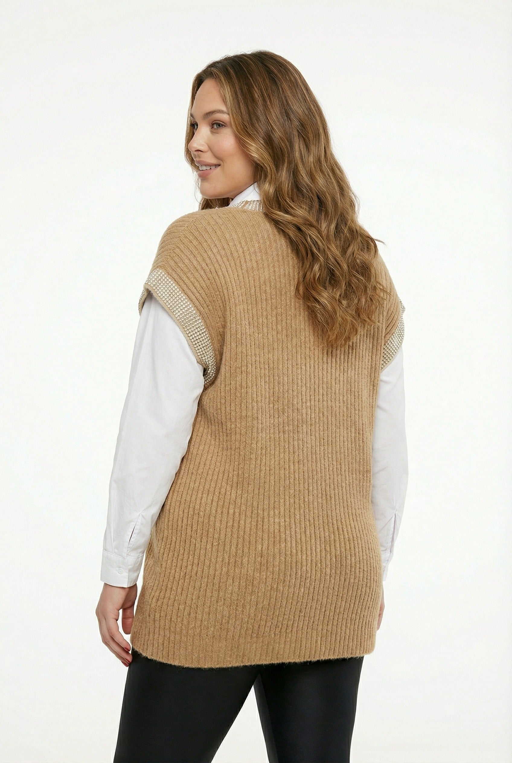 Açık Kahve V Yaka Kısa Kollu Triko Süveter - Rahat ve Şık