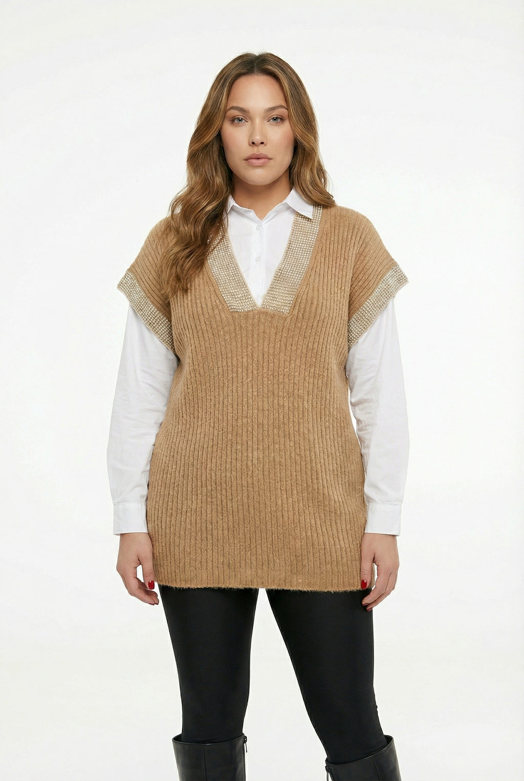 Açık Kahve V Yaka Kısa Kollu Triko Süveter - Rahat ve Şık