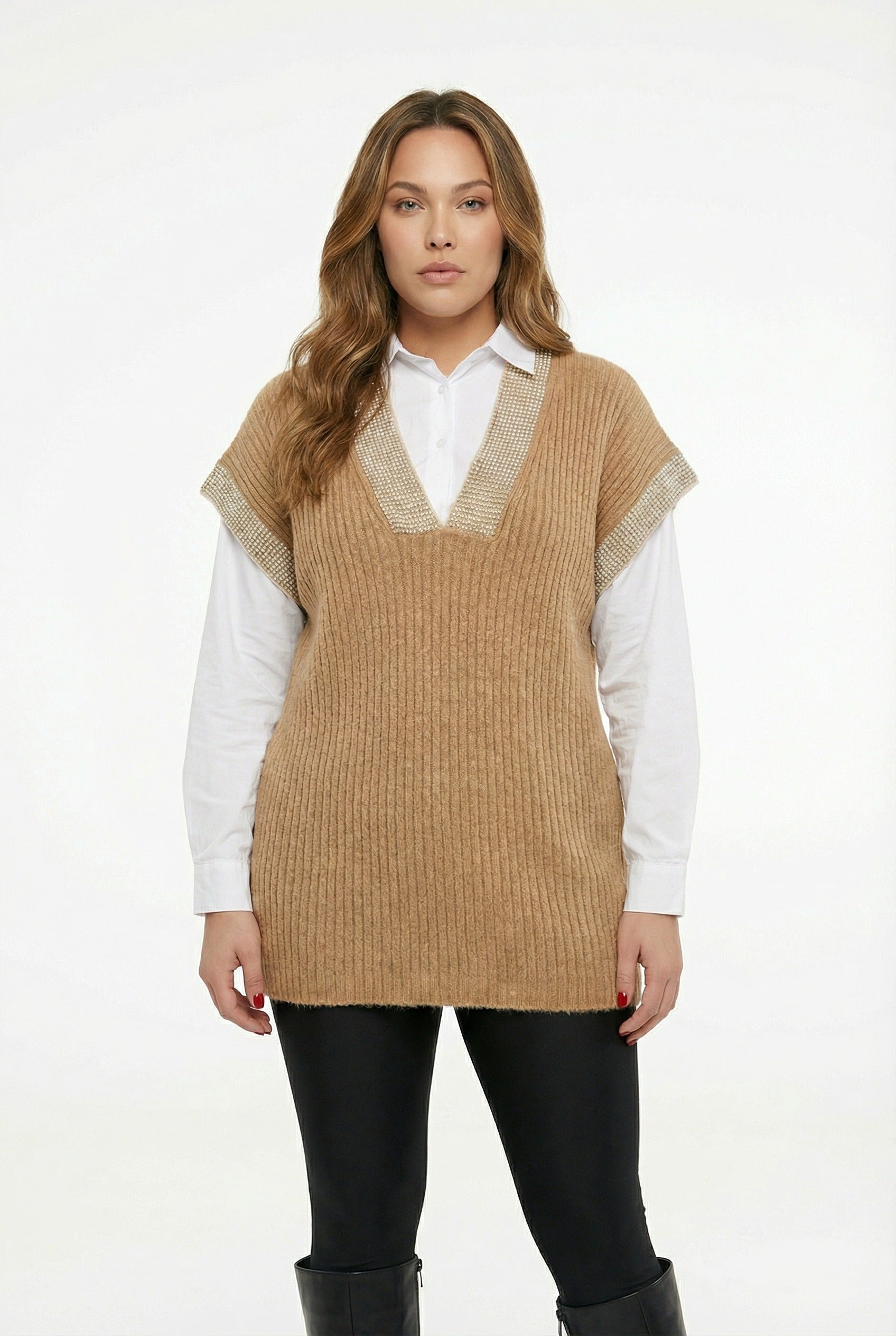 Açık Kahve V Yaka Kısa Kollu Triko Süveter - Rahat ve Şık