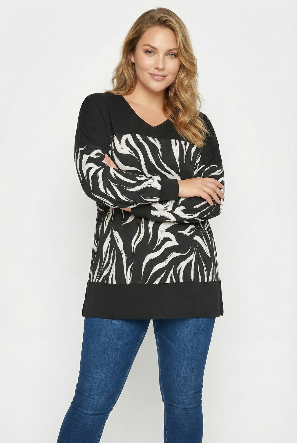 Siyah Zebra Desenli Büyük Beden Bluz | Esnek Tunik