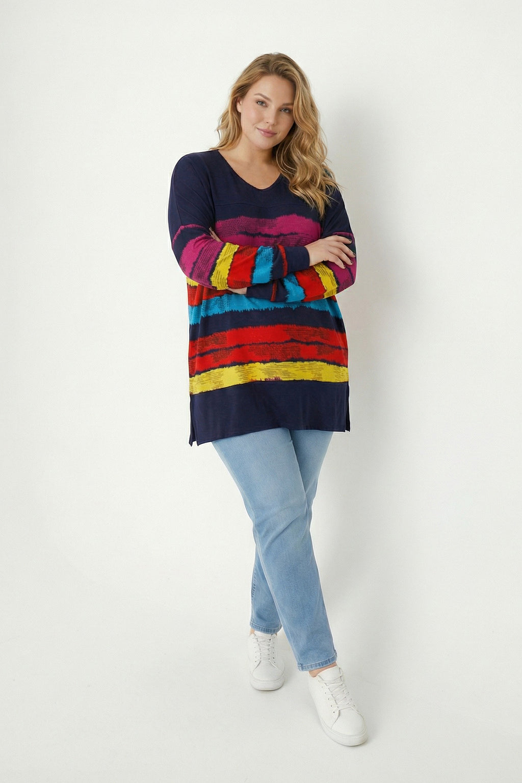Lacivert Renkli Çizgili Büyük Beden Bluz | V Yaka Tunik