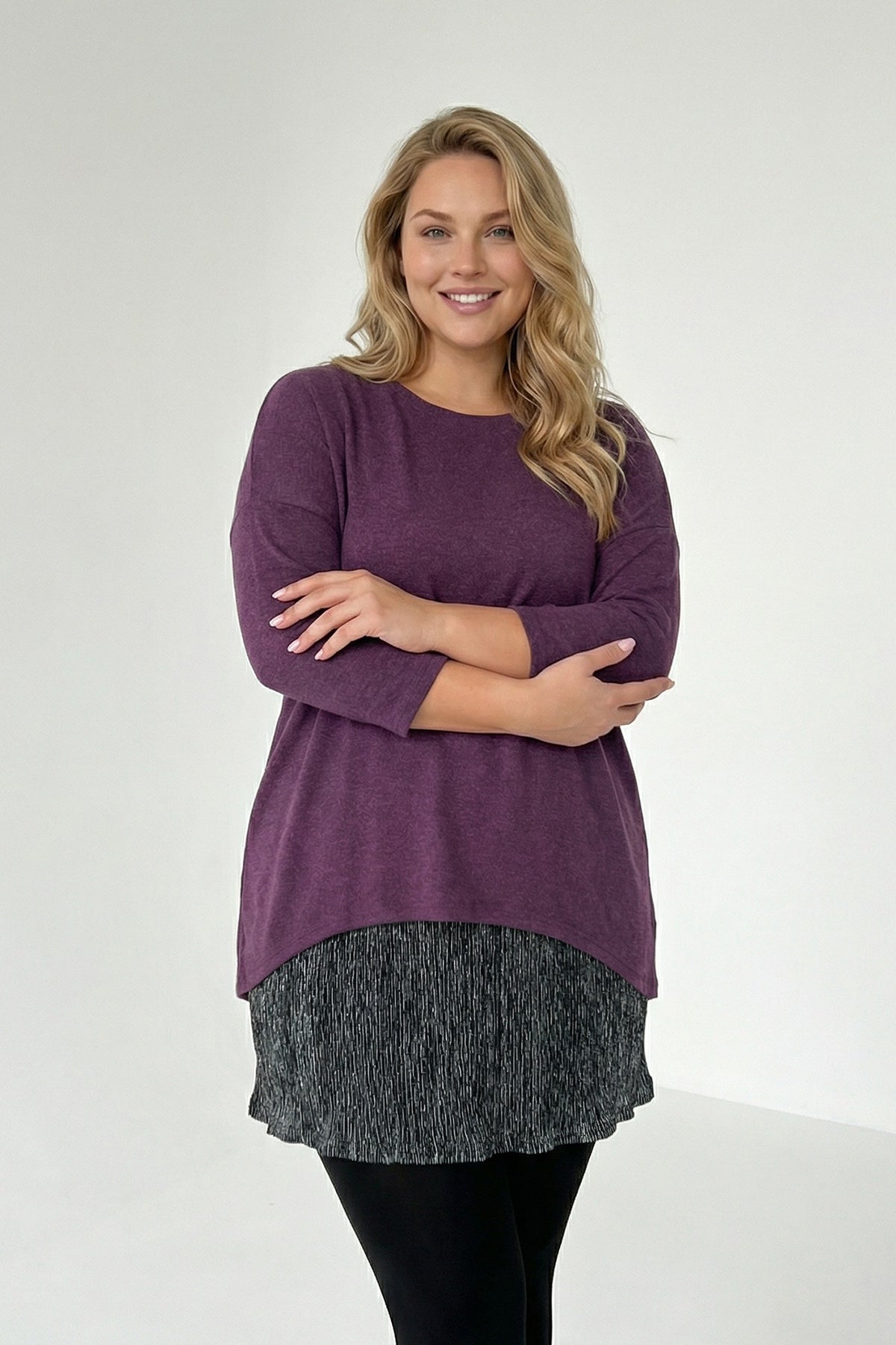 Mor Tül Detaylı Büyük Beden Uzun Kollu Bluz | Zarif Kesim