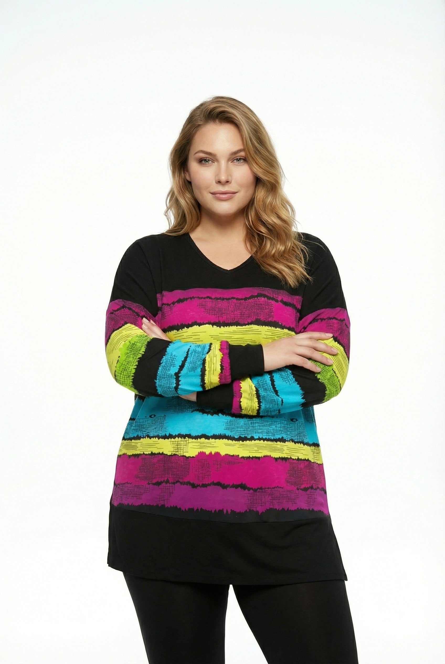 Siyah Renkli Çizgili Büyük Beden Bluz | Canlı Tunik