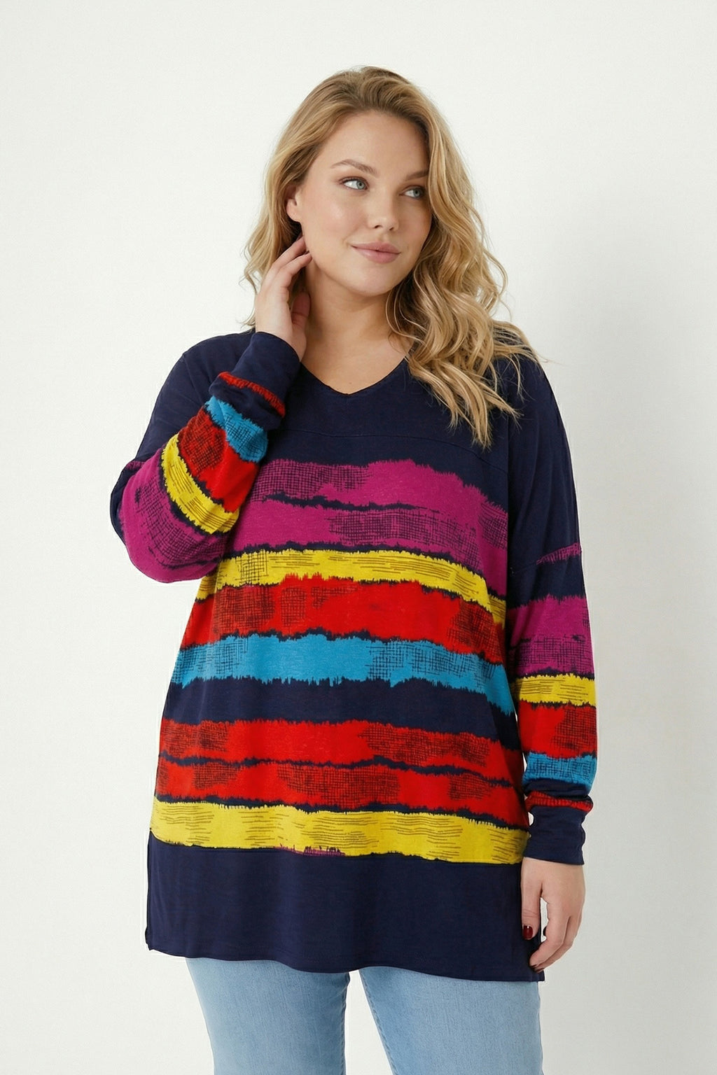 Lacivert Renkli Çizgili Büyük Beden Bluz | V Yaka Tunik