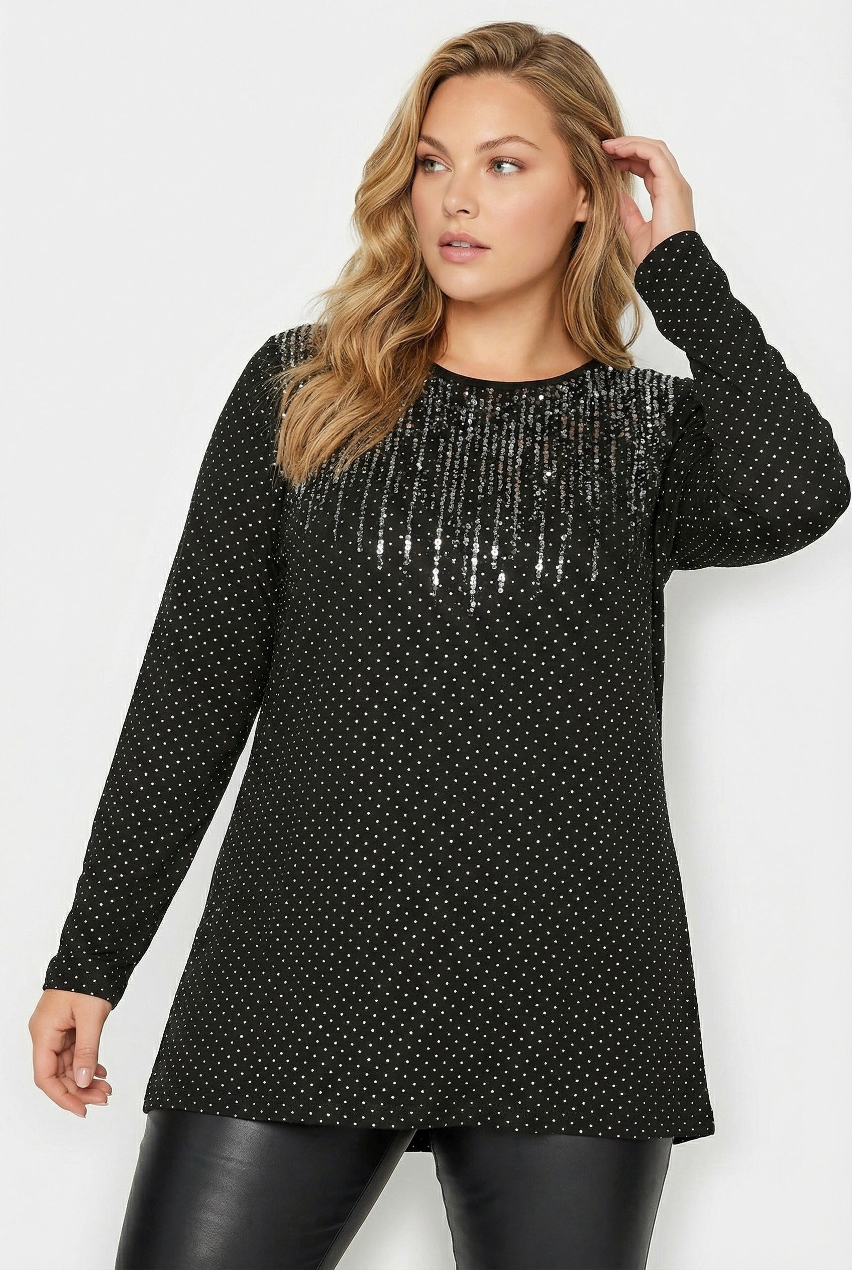 Siyah Payet İşlemeli Büyük Beden Bluz | Işıltılı Tunik