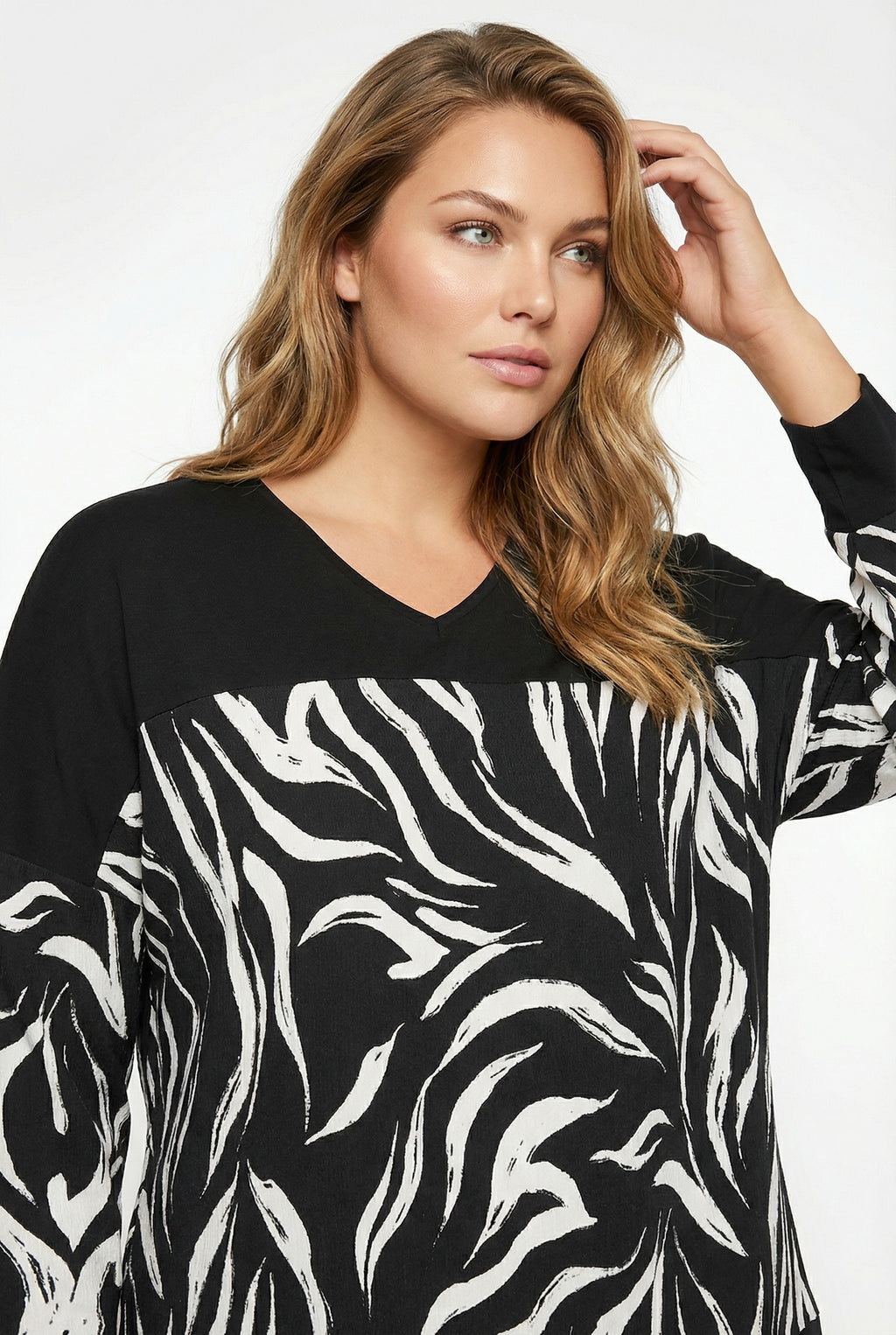Siyah Zebra Desenli Büyük Beden Bluz | Esnek Tunik