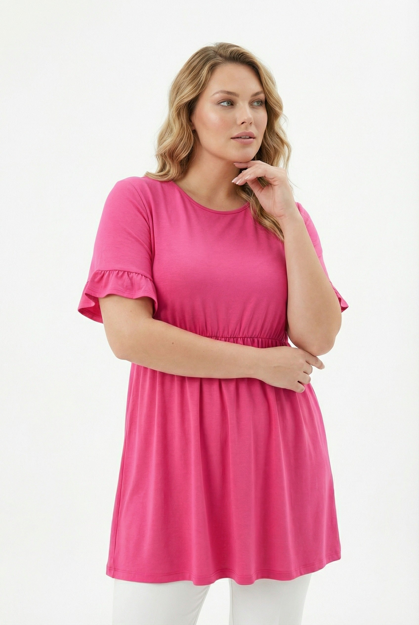 Fusya Kol Detaylı Beli Lastikli Pileli Tunik T-shirt