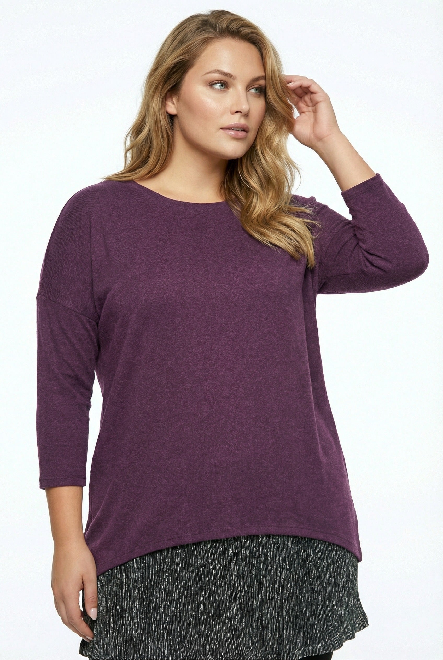 Mor Tül Detaylı Büyük Beden Uzun Kollu Bluz | Zarif Kesim