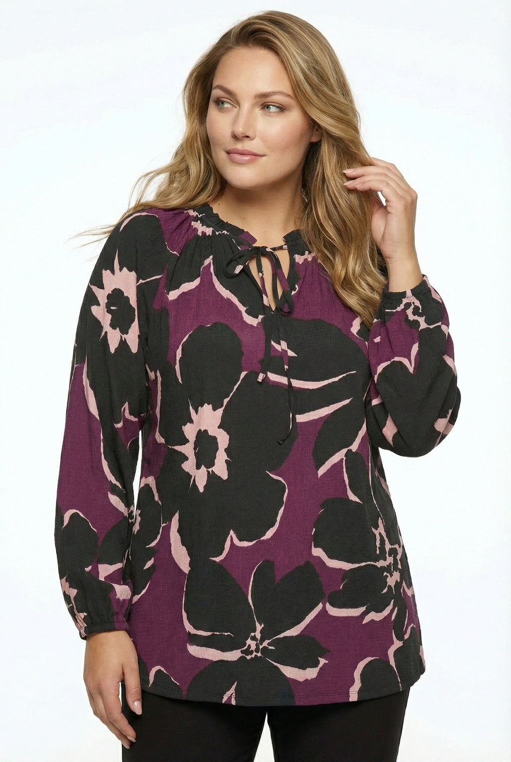 Mürdüm Çiçek Desenli Uzun Kollu Bluz - Rahat ve Şık Tasarım