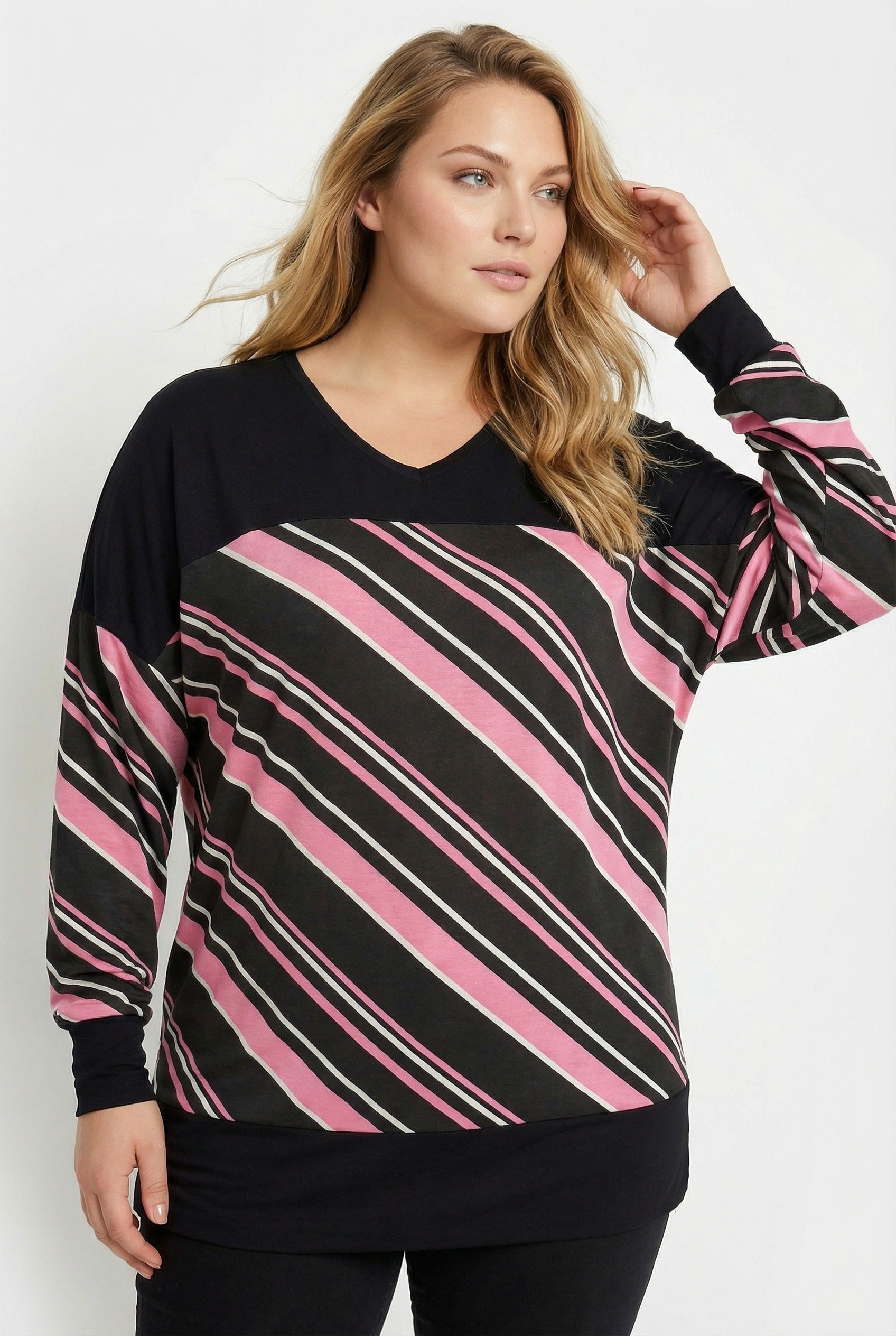 Siyah Çizgili V Yaka Büyük Beden Bluz | Lastikli Kol