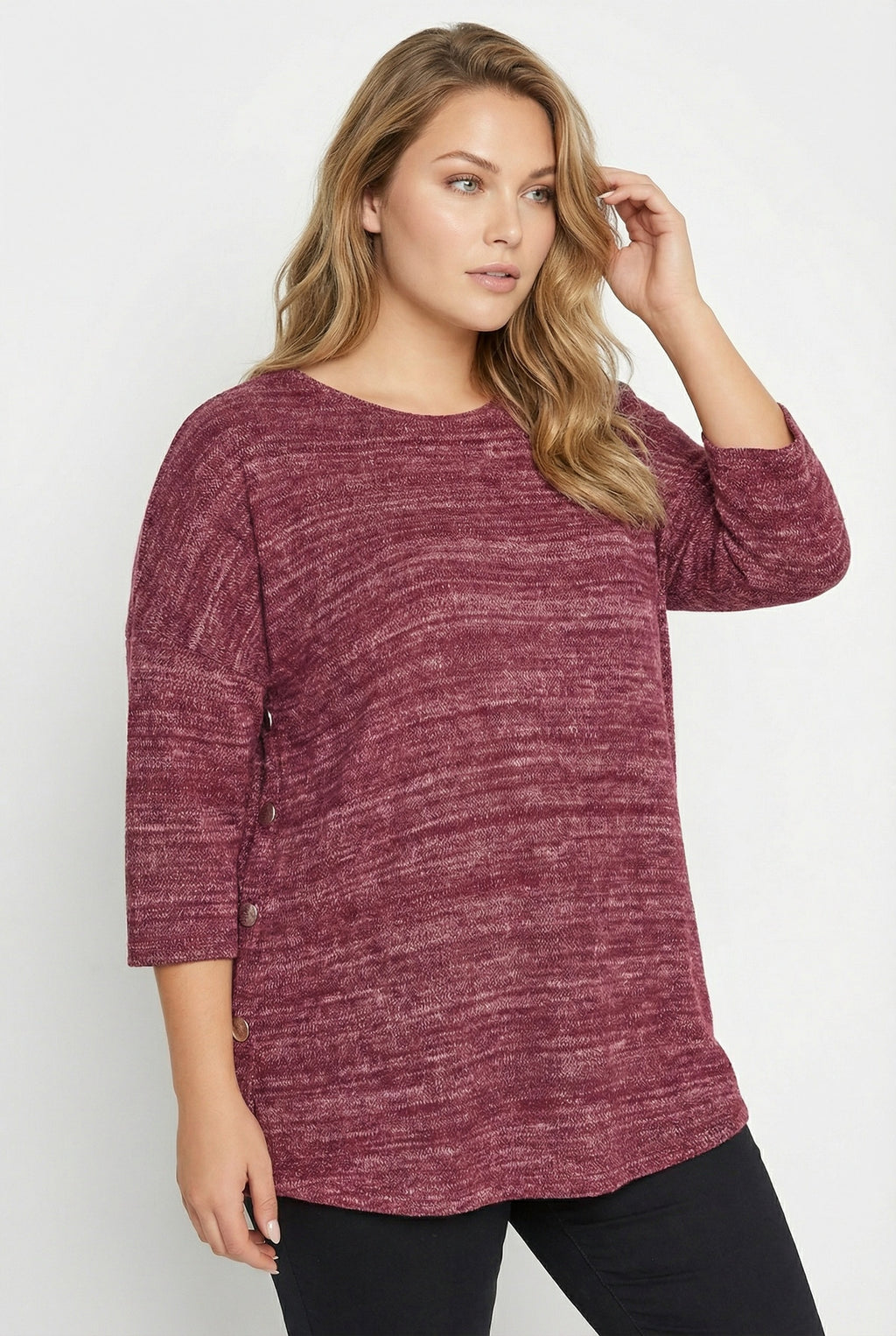 Mor Yarım Kol Düğme Detaylı Rahat Sweatshirt - Konfor ve Şıklık