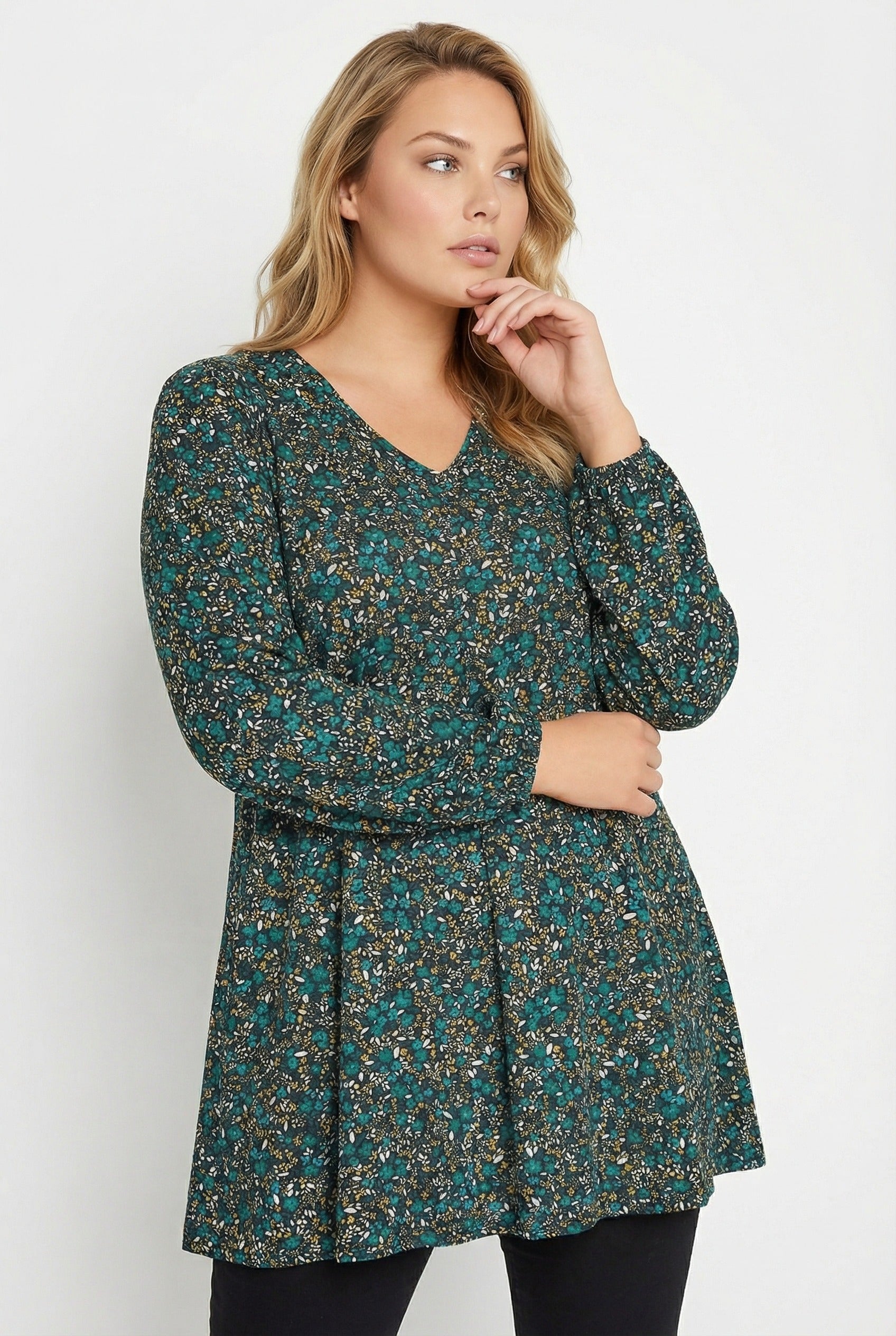 Uzun Kollu Çiçek Desenli Turkuaz T-shirt Kadınlar İçin