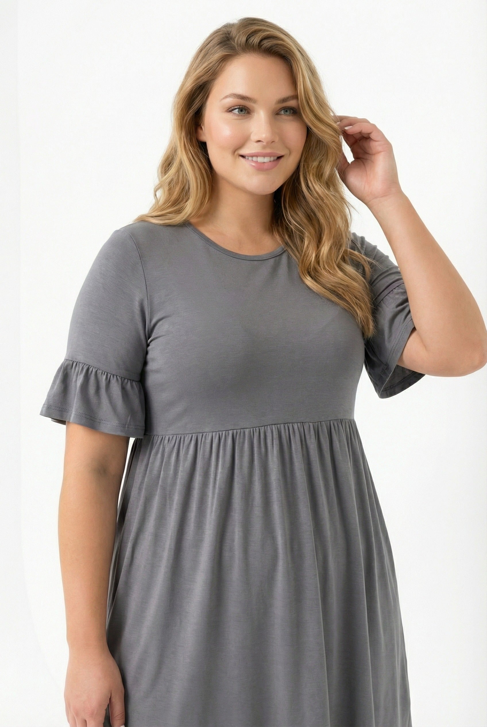 Kol Detaylı Beli Lastikli Pileli Tunik T-shirt Koyu Gri