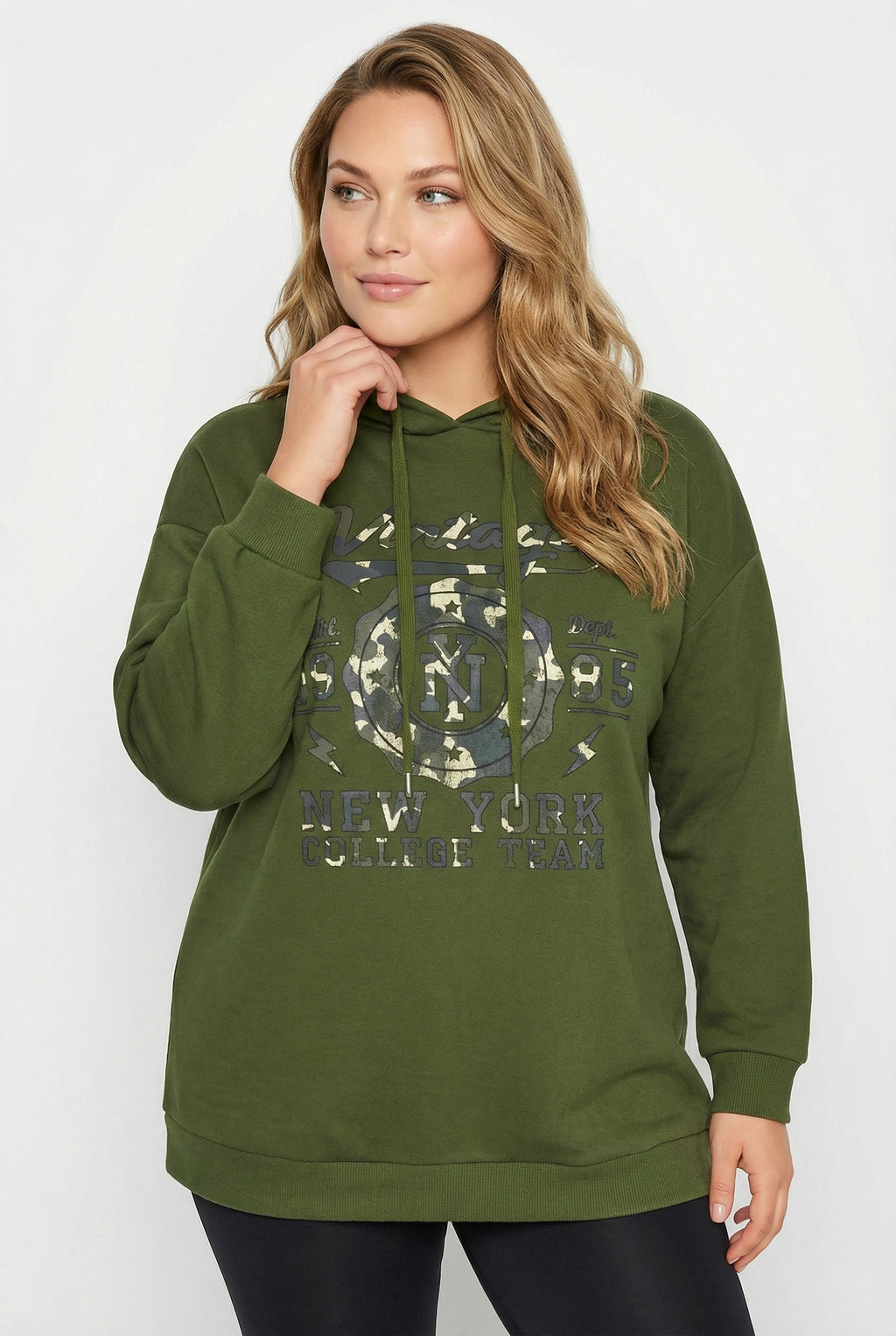 Kapüşonlu Haki Yazı Baskılı Uzun Kollu Sweatshirt