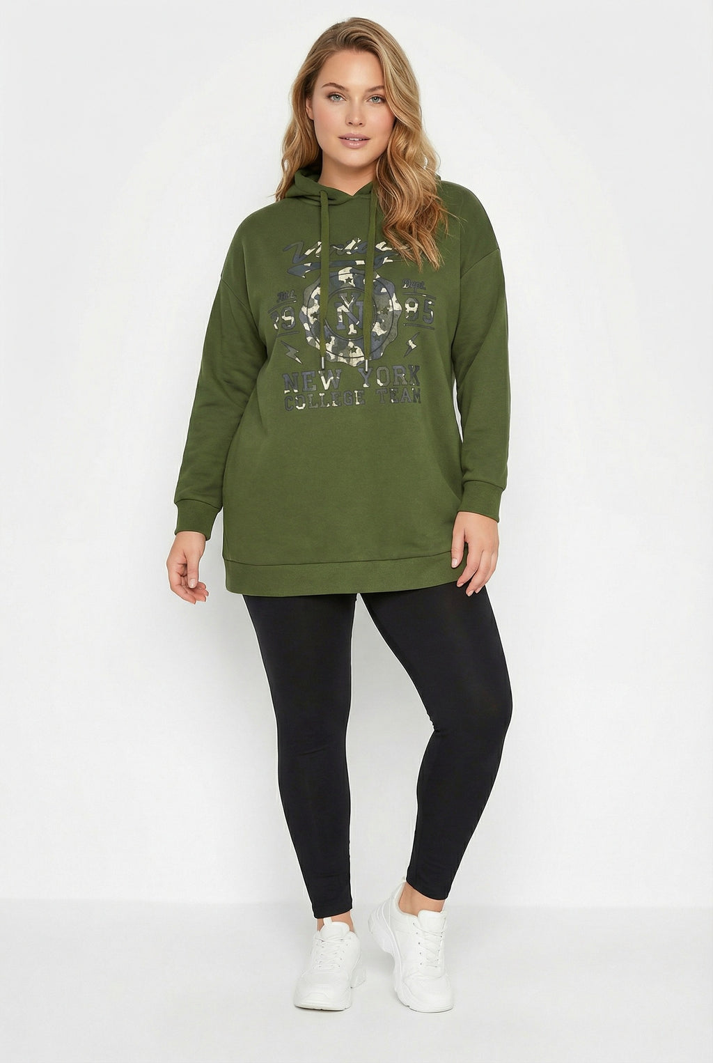 Kapüşonlu Haki Yazı Baskılı Uzun Kollu Sweatshirt