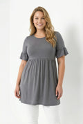 Kol Detaylı Beli Lastikli Pileli Tunik T-shirt Koyu Gri