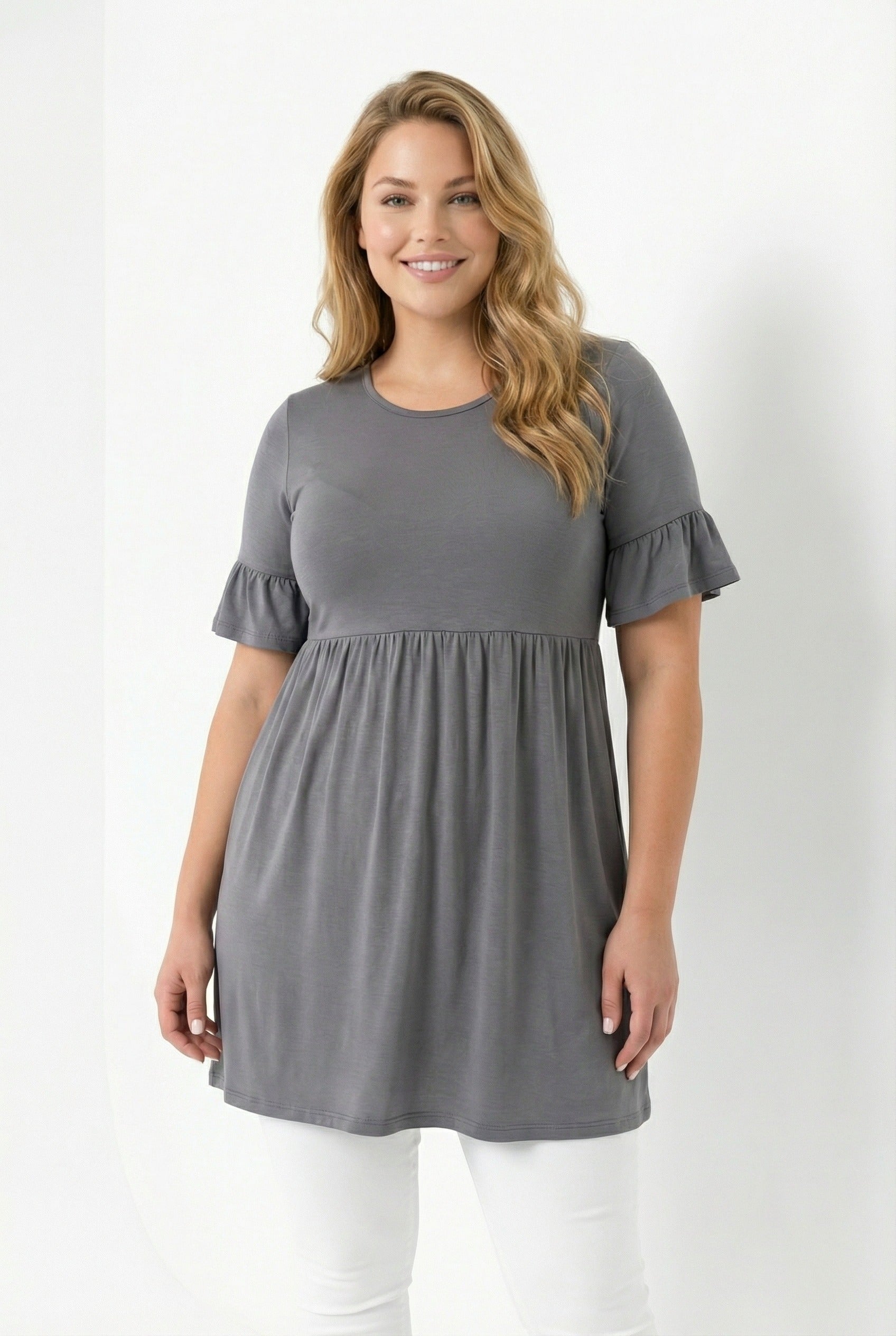 Kol Detaylı Beli Lastikli Pileli Tunik T-shirt Koyu Gri