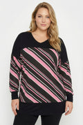 Siyah Çizgili V Yaka Büyük Beden Bluz | Lastikli Kol
