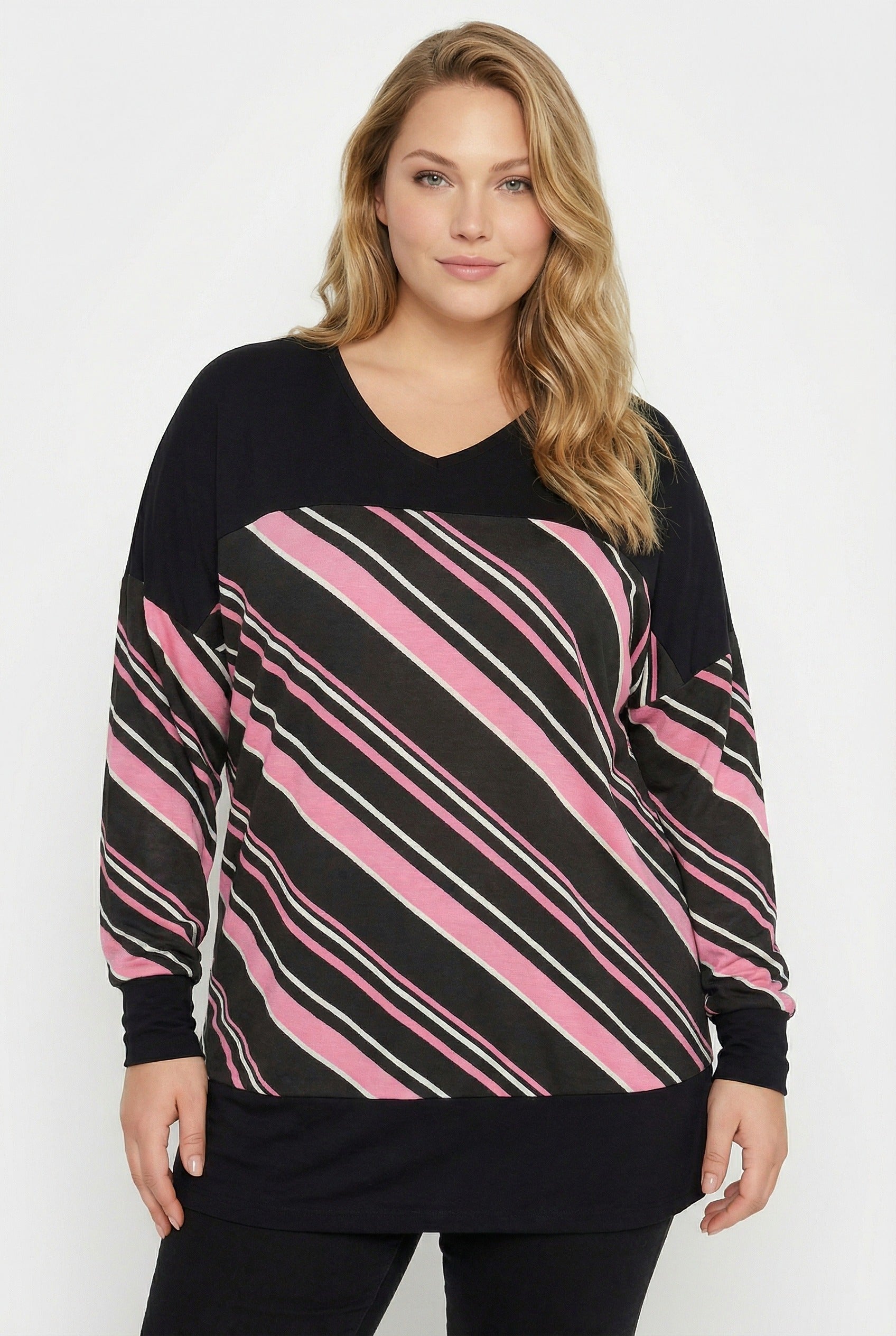 Siyah Çizgili V Yaka Büyük Beden Bluz | Lastikli Kol