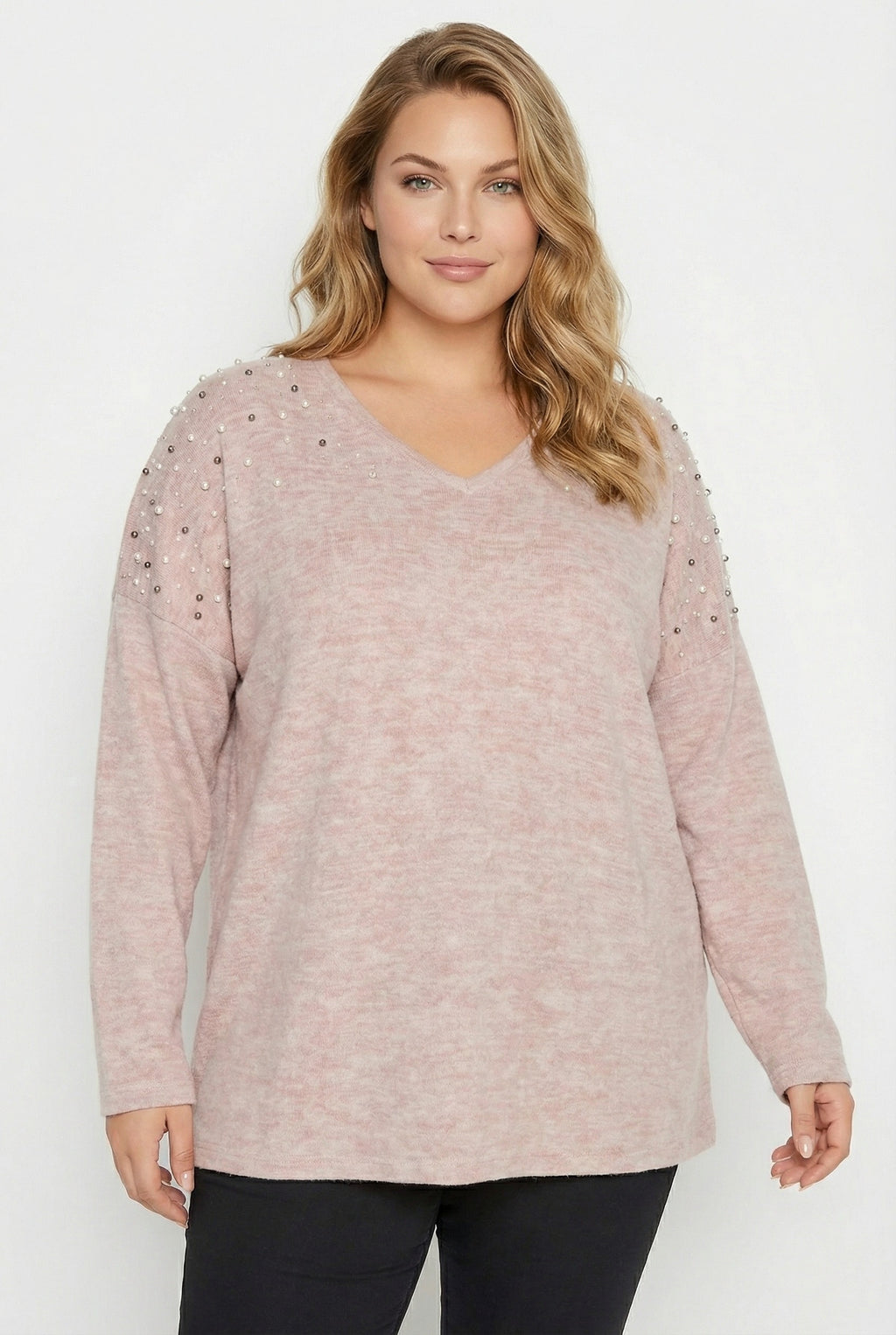 Pudra V Yaka Uzun Kollu Boncuklu Peluş Sweatshirt