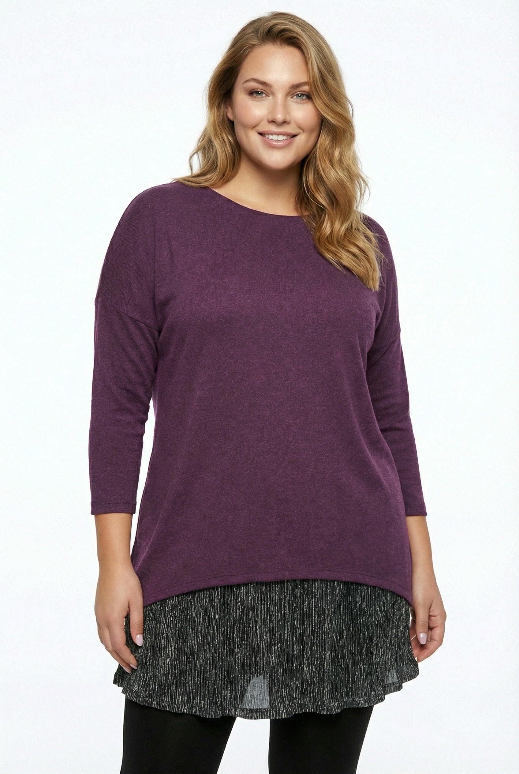 Mor Tül Detaylı Büyük Beden Uzun Kollu Bluz | Zarif Kesim