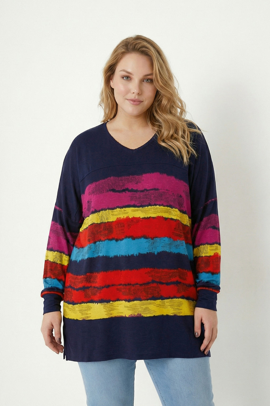 Lacivert Renkli Çizgili Büyük Beden Bluz | V Yaka Tunik