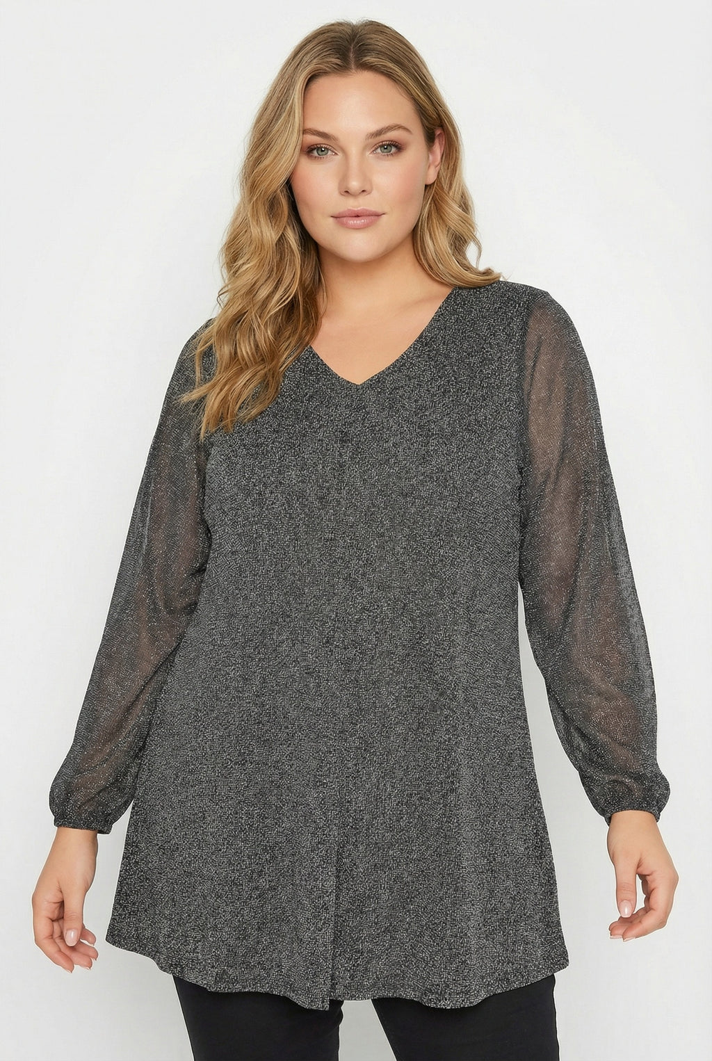 V Yaka Uzun Kollu Tül Detaylı Esnek Kumaşlı Bluz - Koyu Gri