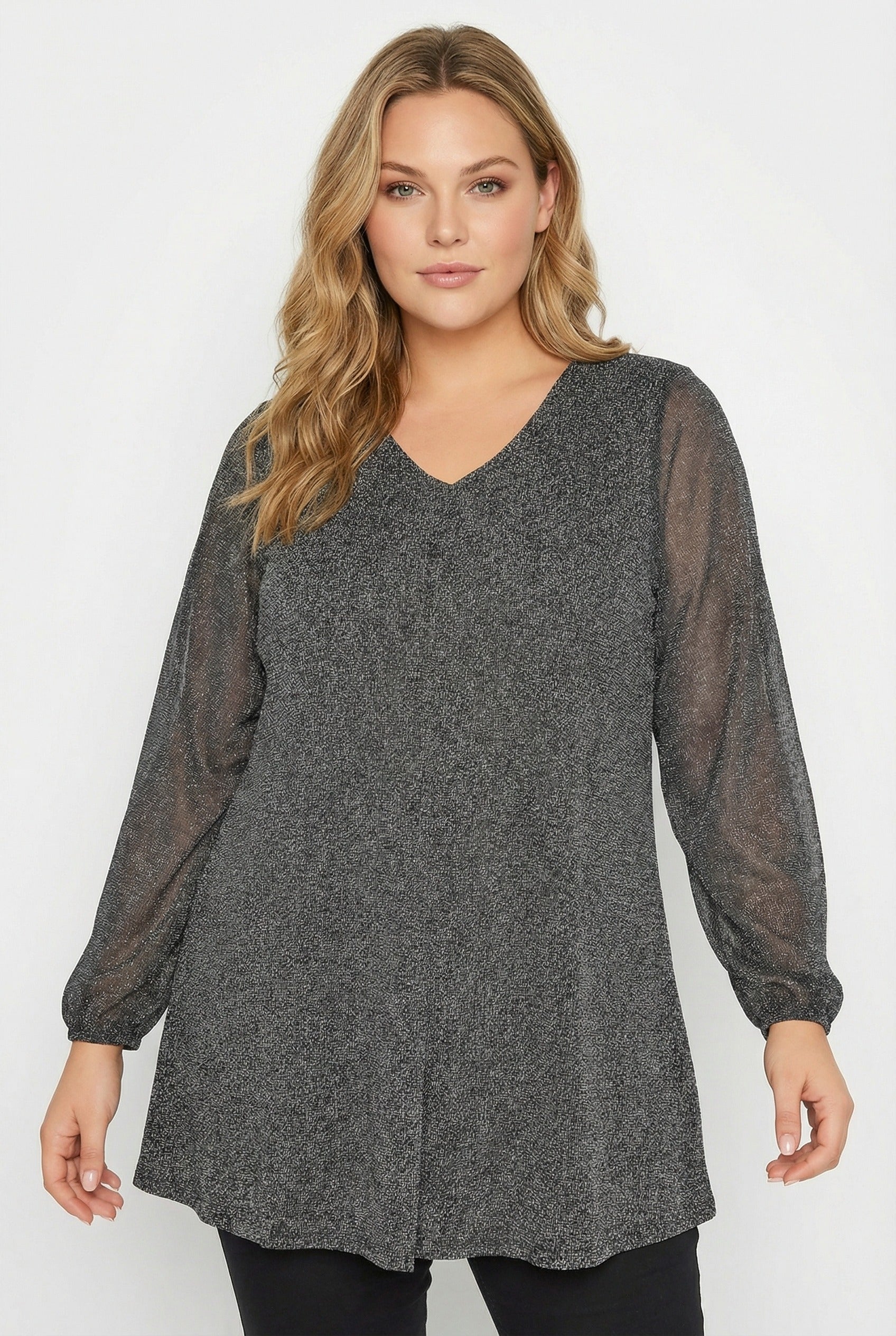 V Yaka Uzun Kollu Tül Detaylı Esnek Kumaşlı Bluz - Koyu Gri