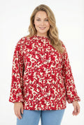 Desenli Uzun Kollu Bordo Bluz - Büzgülü Yaka, Şık ve Rahat