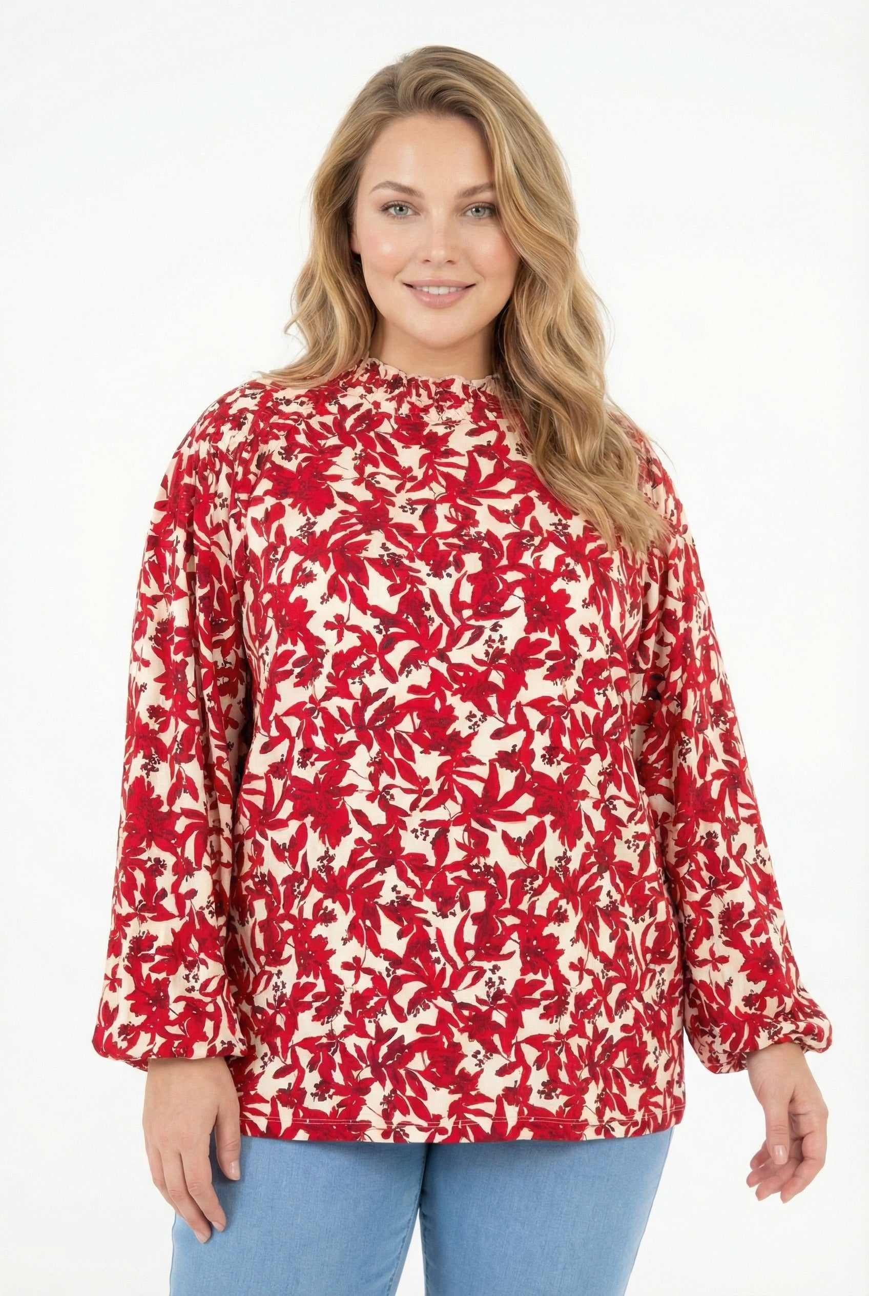 Desenli Uzun Kollu Bordo Bluz - Büzgülü Yaka, Şık ve Rahat