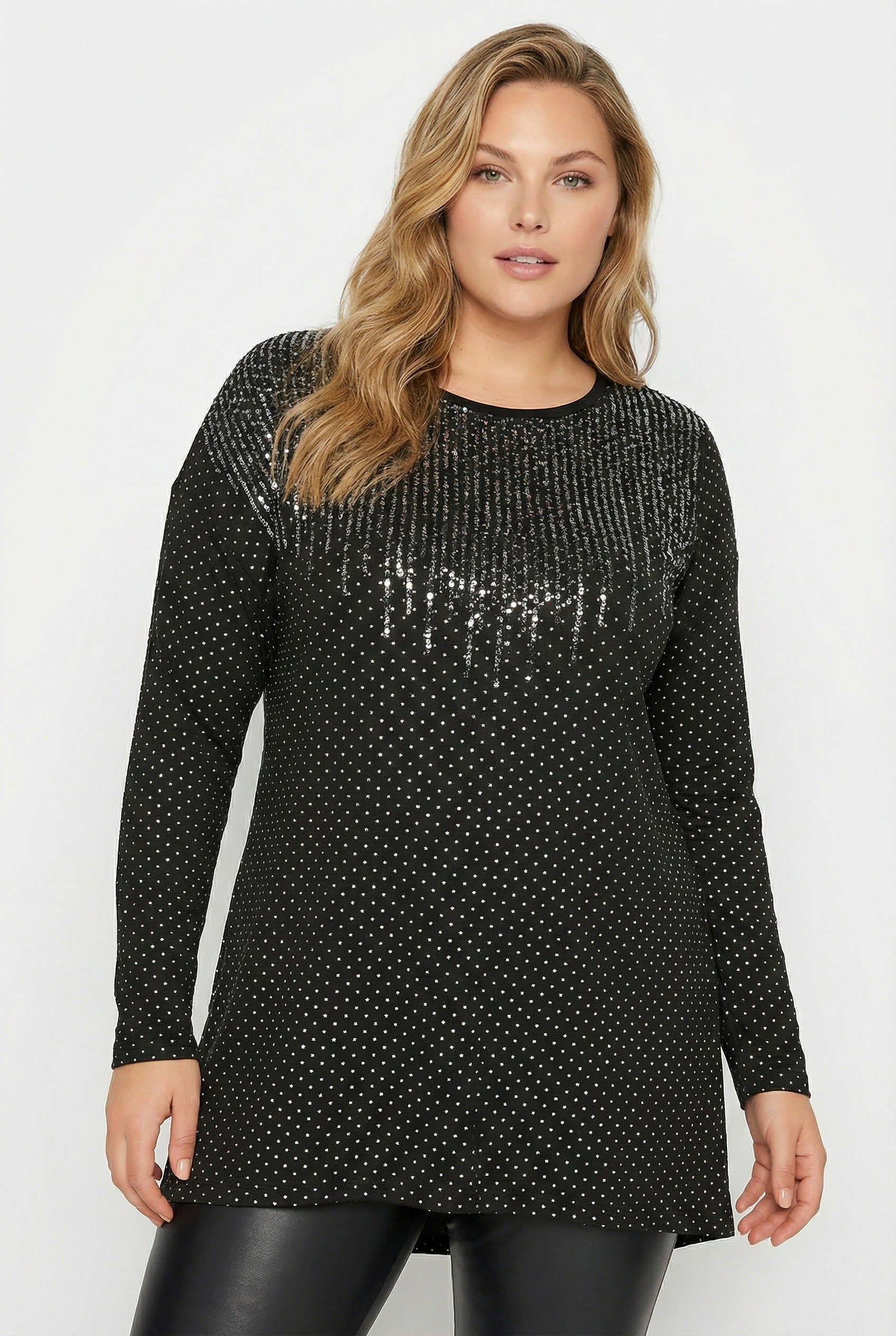 Siyah Payet İşlemeli Büyük Beden Bluz | Işıltılı Tunik