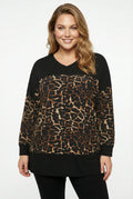 Siyah V Yaka Uzun Kollu Leopar Desenli T-shirt - Rahat ve Şık