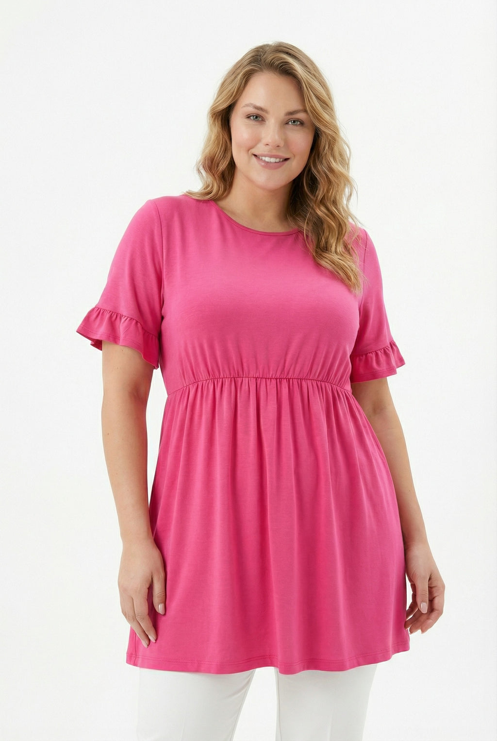 Fusya Kol Detaylı Beli Lastikli Pileli Tunik T-shirt