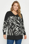 Siyah Zebra Desenli Büyük Beden Bluz | Esnek Tunik